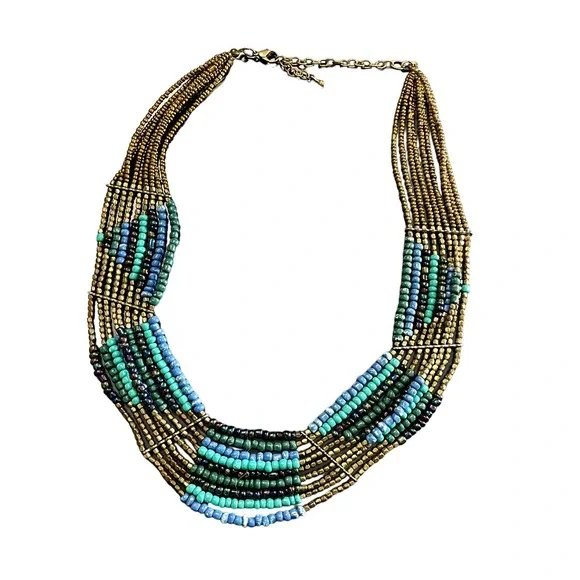 4 for $20 Sale Blue & Gold Bohemian Seed Bead Layered Necklace - Picture 3 of 7